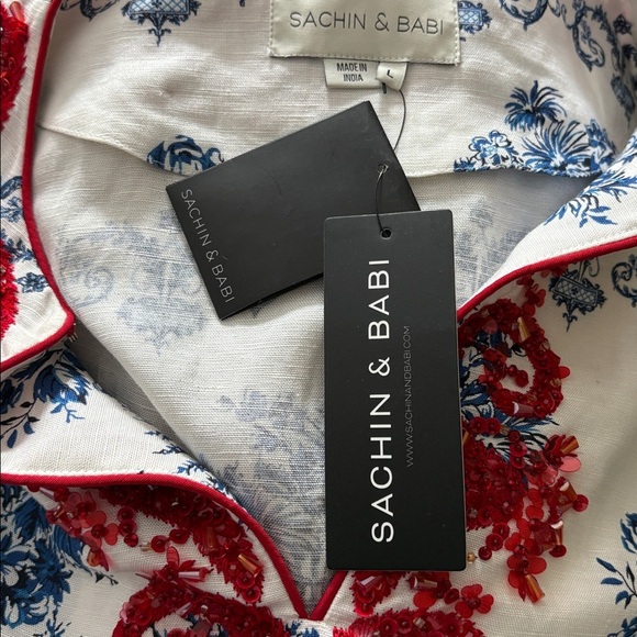 New Sachin + Babi Alyssa Caftan Indigo/Ivory Beaded Red Garland Size L - Picture 12 of 16